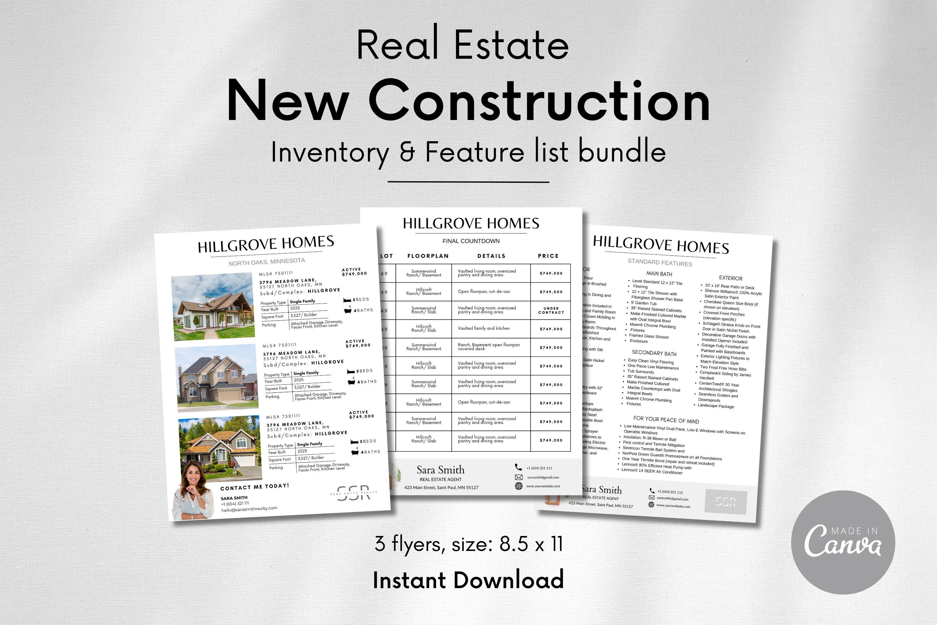 New Construction Real Estate Bundle, New Construction inventory list, Home feature sheet and final countdown for New builts, Canva templates