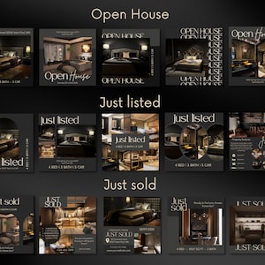 May include: A collage of nine black and gold real estate social media posts. The posts feature images of luxury homes with the text "Open House", "Just Listed", and "Just Sold".