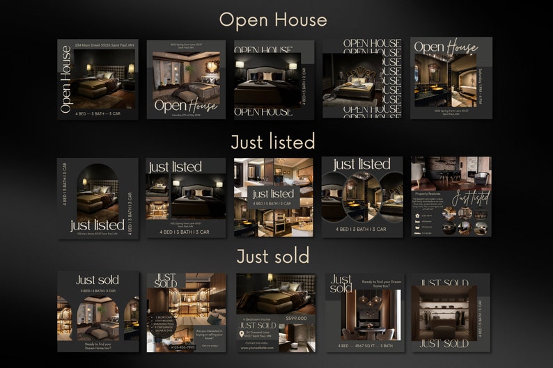 May include: A collage of nine black and gold real estate social media posts. The posts feature images of luxury homes with the text "Open House", "Just Listed", and "Just Sold".