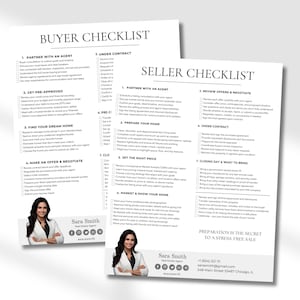 May include: Two checklists titled "Buyer Checklist" and "Seller Checklist" with detailed steps for real estate transactions. Each checklist features a professional headshot of a real estate agent, Sara Smith, and contact information.