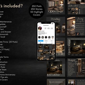 May include: A black and white graphic design with the text "What's included?" and a list of social media post ideas for real estate agents. The graphic includes a phone screen showing a social media grid of real estate photos. The text "Made in Canva" is also included.