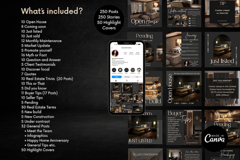 May include: A black and white graphic design with the text "What's included?" and a list of social media post ideas for real estate agents. The graphic includes a phone screen showing a social media grid of real estate photos. The text "Made in Canva" is also included.