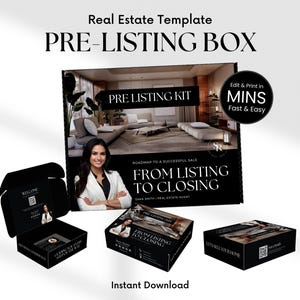 May include: A black pre-listing box real estate template with the text "PRE-LISTING BOX" and "FROM LISTING TO CLOSING". The image includes a woman in a white blazer and the words "Edit & Print in MINS Fast & Easy".