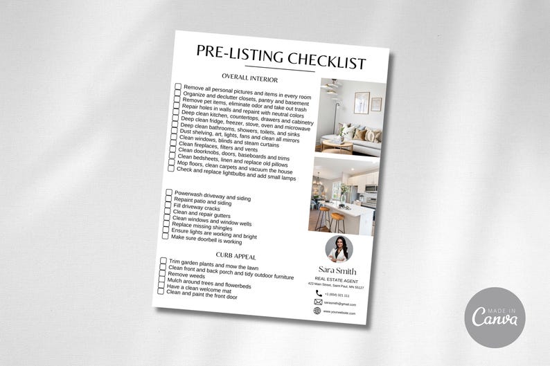 Pre-listing Checklist for Real Estate Agents, Editable Template (canva ...