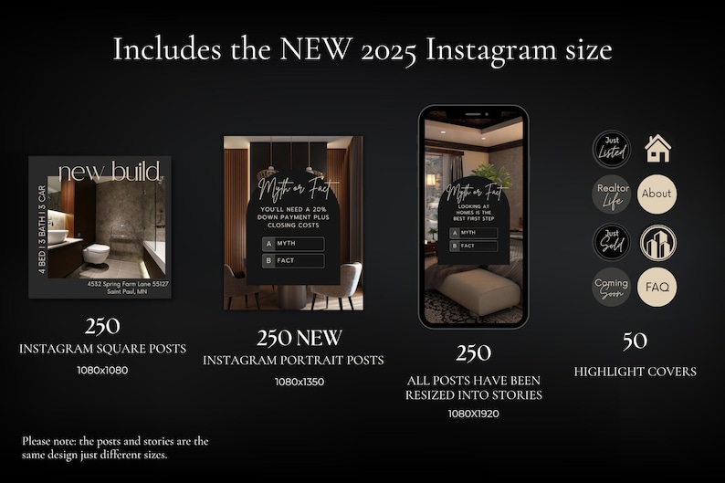 May include: A black and white image showing two different sized phone screens displaying a social media post with the text 'Jane Monthly Maintenance Tips' and a black and white image of a dining room. The image also shows a collection of eight black and white circles with text inside each circle. The text in the circles includes 'Just Listed', 'Just Sold', 'Realtor Life', 'About', 'Coming Soon', 'FAQ', and 'Made in Canva'.