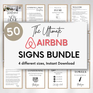 Könnte beinhalten: Eine Sammlung von 50 druckbaren Schildern für Airbnb-Gastgeber. Die Schilder sind in Schwarzweiß mit einem modernen minimalistischen Design gehalten. Die Schilder enthalten Anweisungen für Gäste, wie z. B. die Verwendung von WLAN, Wäsche und Klimaanlage. Die Schilder enthalten auch Willkommensnachrichten und Dankeskarten. Die Schilder sind in vier verschiedenen Größen erhältlich und können sofort heruntergeladen werden.
