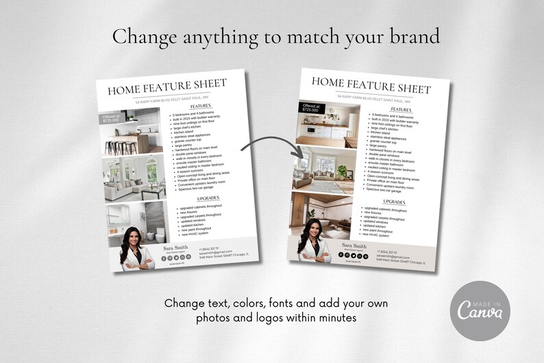 Real Estate Home Feature Sheet Flyer Template, Canva Editable (8.5