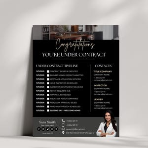 May include: A black and white real estate document with the words "Congratulations, You're Under Contract" in elegant script. The document includes a timeline, contact information, and a photo of a real estate agent.