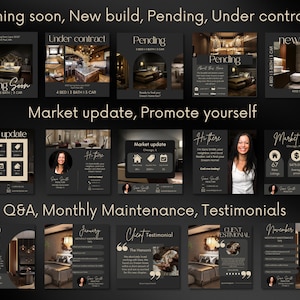 May include: A collage of images promoting real estate services. The images feature photos of homes, market updates, and testimonials. The text includes "Coming Soon", "New Build", "Pending", "Under Contract", "Market Update", "Hi There", "Q&A", "Monthly Maintenance", and "Testimonials".