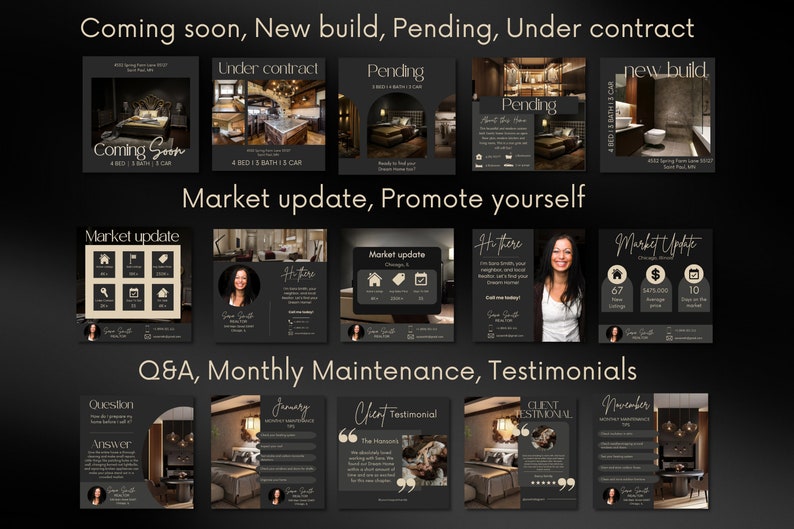 May include: A collage of images promoting real estate services. The images feature photos of homes, market updates, and testimonials. The text includes "Coming Soon", "New Build", "Pending", "Under Contract", "Market Update", "Hi There", "Q&A", "Monthly Maintenance", and "Testimonials".