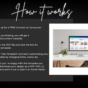 May include: A step-by-step guide on how to use a Canva template. The image shows a computer screen displaying a Canva template with a white background and a black desk with a plant and a lamp. The text on the screen reads "How it works" and lists five steps: 1. Sign up for a FREE Account at Canva.com, 2. After purchasing, you will get a PDF Document instantly, 3. Open the PDF file and click the link for your template, 4. Click "Use Template" and start customizing your template by changing fonts, colors, etc., 5. When you're happy with the template you can download your design as a PDF, PNG, or JPG and print it out or post it on Social Media.