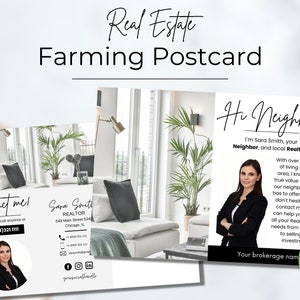 Carte postale agricole immobilière, cartes postales immobilières, carte postale d’agent immobilier, courrier immobilier, carte postale Bonjour voisin, carte Faming, Canva