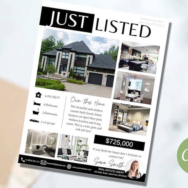 Just Listed Flyer Vorlage, Just Listed Flyer, Wohnungsvermarktung, bearbeitbare Canva Vorlage, Wohnungspostkarte, Realtor Flyer Canva