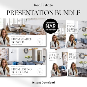 Puede incluir: Un paquete de presentación de bienes raíces con el texto "Real Estate PRESENTATION BUNDLE". El paquete incluye varios folletos con el texto "FROM SEARCH TO SOLD", "FROM LISTING TO CLOSING", "SELLER GUIDE" y "BUYER GUIDE". Cada folleto presenta a una mujer con una blazer.