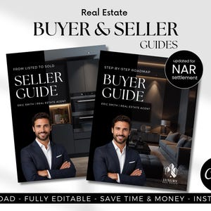 May include: Two rectangular real estate guides titled SELLER GUIDE and BUYER GUIDE. Each features a man in a navy blazer, white shirt, and dark tie. Text includes FROM LISTED TO SOLD, STEP-BY-STEP ROADMAP, and updated for NAR settlement.