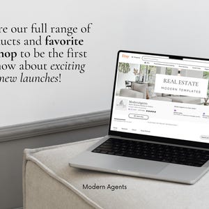 May include: A laptop computer displaying a website for real estate templates. The website is titled "Real Estate Modern Templates" and features a photo of a modern living room. The laptop is sitting on a light gray surface with the text "Modern Agents" and "Made in Canva" visible.