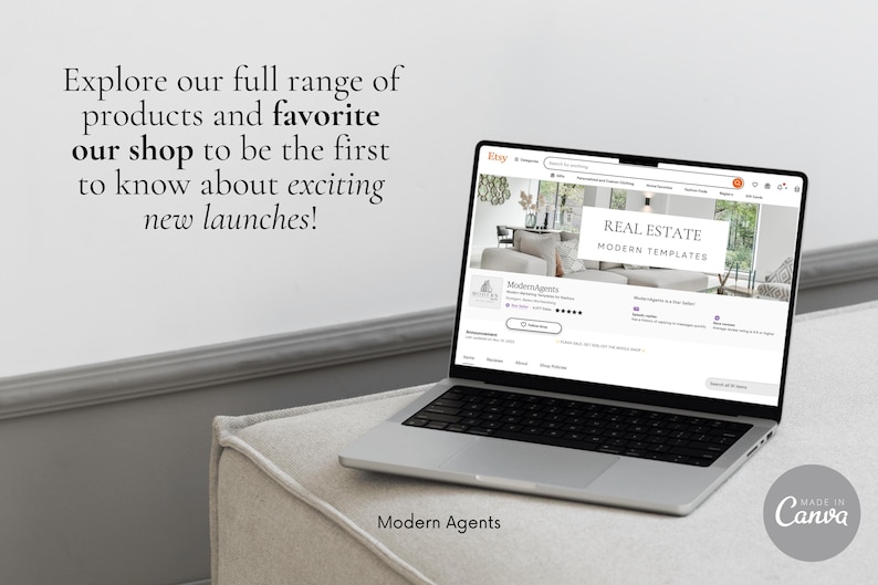 May include: A laptop computer displaying a website for real estate templates. The website is titled "Real Estate Modern Templates" and features a photo of a modern living room. The laptop is sitting on a light gray surface with the text "Modern Agents" and "Made in Canva" visible.