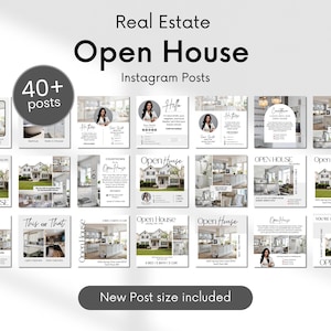 Puede incluir: Una colección de más de 40 plantillas de publicaciones de Instagram para casas abiertas de bienes raíces. Las plantillas presentan un esquema de color blanco y gris con imágenes de casas e interiores. El texto "Real Estate Open House Instagram Posts" está en la parte superior de la imagen. El texto "40+ posts" está en un círculo en la parte superior izquierda de la imagen. El texto "New Post size included" está en la parte inferior de la imagen.