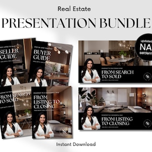 Pacote de apresentação imobiliária, apresentação de listagem, apresentação do comprador, guia do vendedor de imóveis, guia do comprador de imóveis, modelos de marketing imobiliário