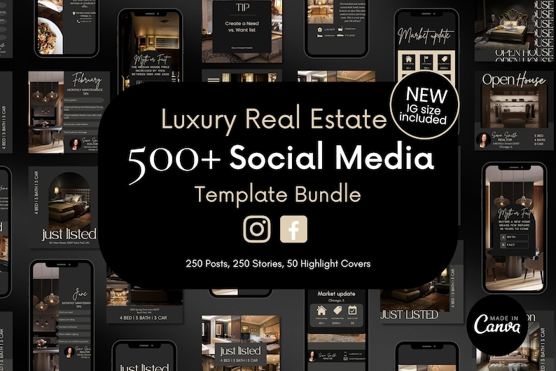 May include: A black and gold real estate social media template bundle with 250 posts, 250 stories, and 50 highlight covers. The bundle includes images of homes, interiors, and real estate agents. The text on the image reads 'Real Estate 500+ Social Media Template Bundle' and '250 Posts, 250 Stories, 50 Highlight Covers'.