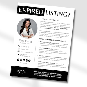 May include: A black and white flyer with the text "Expired Listing?" and a photo of a woman in a black blazer. The flyer is for a real estate agent and includes the agent's contact information and a list of services offered.