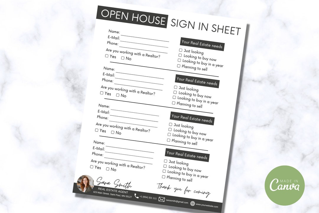 Real Estate Open House Signin Sheet, Real Estate Sign in Form, Open