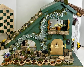 Wooden Adorable Fairy House: Handmade OOAK Furnished with Lights, Sturdy, turntable and two adorable fairies