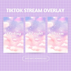 May include: Three TikTok stream overlay graphics with a watercolour sky background. The first graphic says "Starting Soon", the second says "Be Right Back", and the third says "Stream Offline".