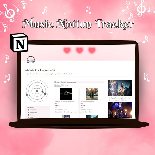 Music Tracker Journal Notion Template,Aesthetic Music Notion Template, Kpop Digital Planner,Aesthetic Notion Dashboard,Song Library