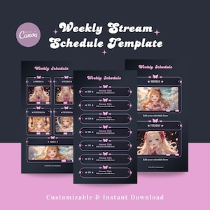 May include: A customizable weekly stream schedule template with a dark background and pink accents. The template features a grid of seven days with space for a stream title and a description for each day. The template also includes a space for a profile picture and a Twitch username.