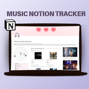 Puede incluir: Una captura de pantalla de una página de Notion titulada "Music Tracker Journal". La página presenta un rastreador de música, una lista de álbumes escuchados este mes y un menú de navegación. Los álbumes incluyen "The Dark Side of the Moon" de Pink Floyd, "The Freewheelin' Bob Dylan" de Bob Dylan y "Katy Perry" de Katy Perry.