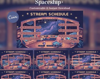 Programmazione streaming di astronavi fantascientifiche in stile Pixel Retro, modello Canva settimanale in stile neon cyberpunk