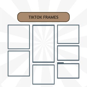 Puede incluir: Dise&ntilde;o gr&aacute;fico con siete marcos rectangulares vac&iacute;os con contorno verde azulado, dispuestos en una cuadr&iacute;cula. Los marcos est&aacute;n sobre un fondo blanco con un patr&oacute;n radial. El texto "TIKTOK FRAMES" est&aacute; en un rect&aacute;ngulo redondeado marr&oacute;n.