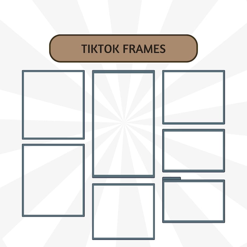 Puede incluir: Dise&ntilde;o gr&aacute;fico con siete marcos rectangulares vac&iacute;os con contorno verde azulado, dispuestos en una cuadr&iacute;cula. Los marcos est&aacute;n sobre un fondo blanco con un patr&oacute;n radial. El texto "TIKTOK FRAMES" est&aacute; en un rect&aacute;ngulo redondeado marr&oacute;n.