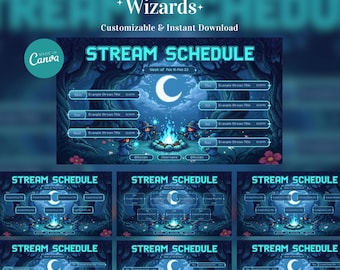 Programmazione streaming di Pixel Mystic Forest Wizards, modello Canva settimanale di pixel art retrò blu