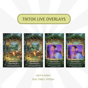 Puede incluir: Superposiciones digitales en vivo de TikTok con un tema de jard&iacute;n. El dise&ntilde;o incluye un banco de madera con un zorro, luces de cadena y las frases "Almost Live" y "Be Right Back". Las superposiciones son de 1080 x 1920px.