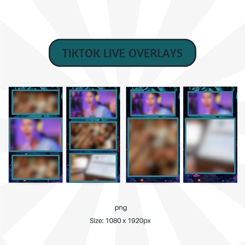 Puede incluir: Imagen digital de cuatro superposiciones de TikTok Live. Cada superposici&oacute;n tiene un borde turquesa y un fondo borroso. La parte superior de la imagen tiene un banner turquesa con el texto "TIKTOK LIVE OVERLAYS". La imagen est&aacute; etiquetada como "png" y el tama&ntilde;o es de 1080 x 1920px.