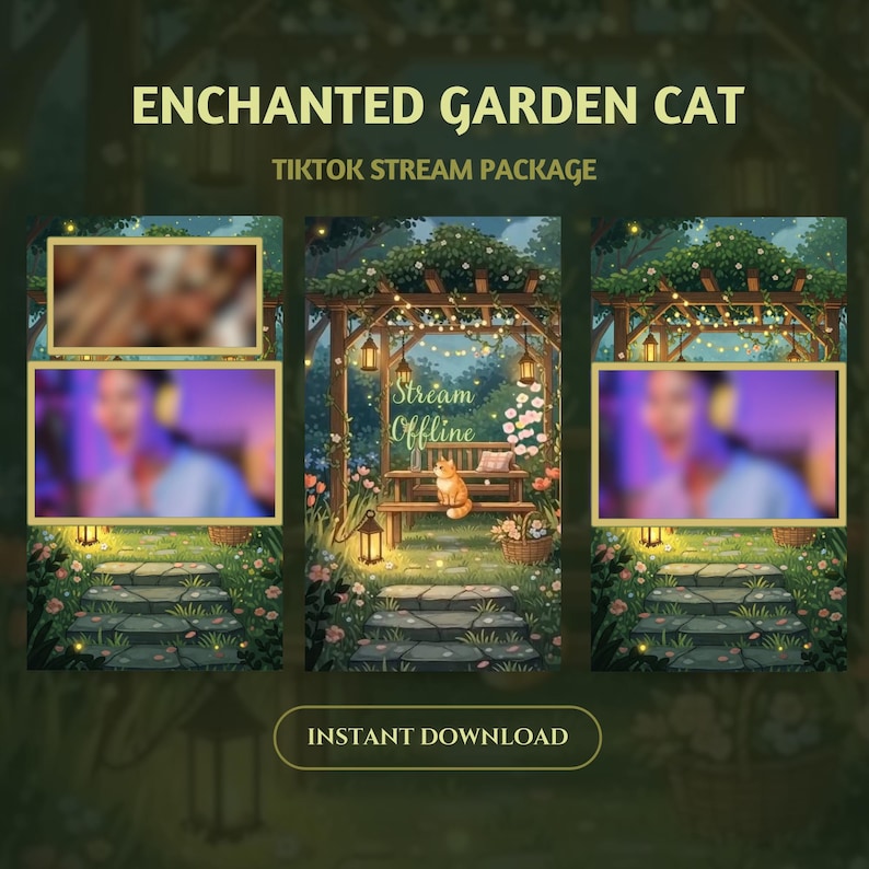 Puede incluir: Ilustraci&oacute;n digital para un paquete de stream de TikTok "Enchanted Garden Cat". El dise&ntilde;o incluye una escena de jard&iacute;n con un gato, un banco y las palabras "Stream Offline". Incluye un bot&oacute;n "Instant Download".