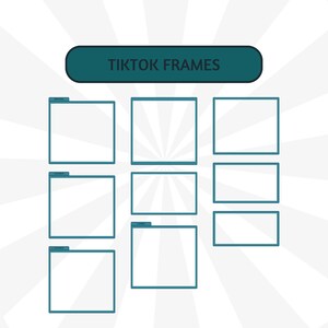 Puede incluir: Dise&ntilde;o gr&aacute;fico con el texto "TIKTOK FRAMES" en blanco sobre una pancarta verde azulado. Nueve marcos rectangulares blancos con bordes verde azulado est&aacute;n dispuestos en una cuadr&iacute;cula de 3x3 debajo de la pancarta. El fondo presenta un patr&oacute;n radial blanco.