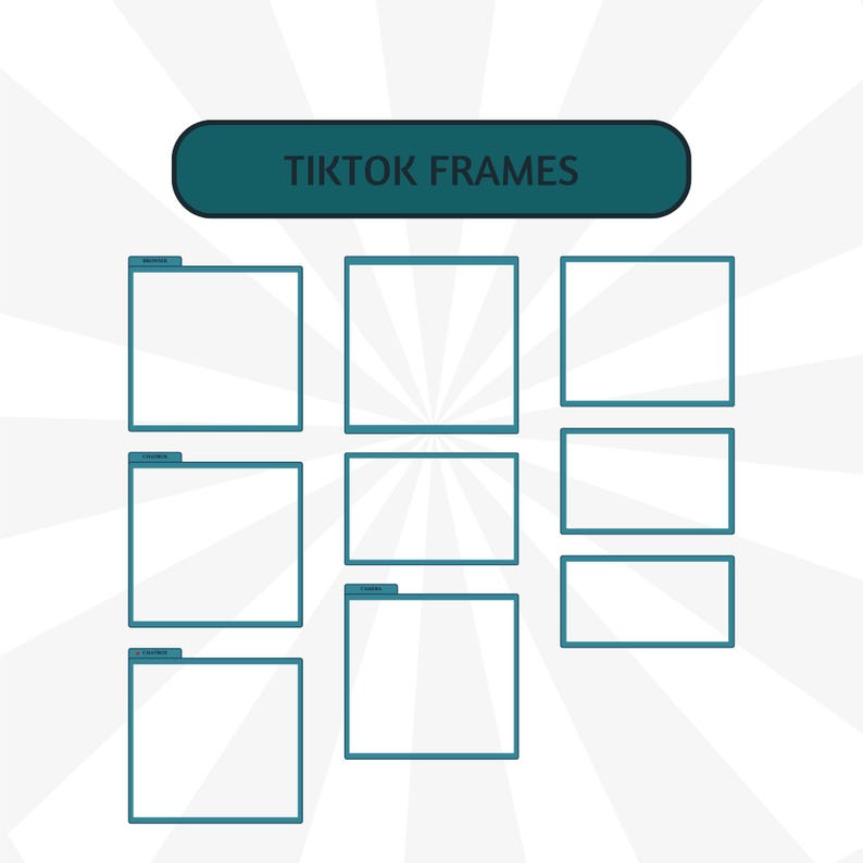 Puede incluir: Dise&ntilde;o gr&aacute;fico con el texto "TIKTOK FRAMES" en blanco sobre una pancarta verde azulado. Nueve marcos rectangulares blancos con bordes verde azulado est&aacute;n dispuestos en una cuadr&iacute;cula de 3x3 debajo de la pancarta. El fondo presenta un patr&oacute;n radial blanco.