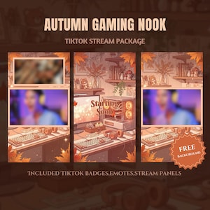 May include: An Autumn Gaming Nook TikTok stream package featuring a digital illustration of a desk setup with a computer, keyboard, and headphones. The text reads Autumn Gaming Nook, TikTok Stream Package, Starting Soon, and Free Background.