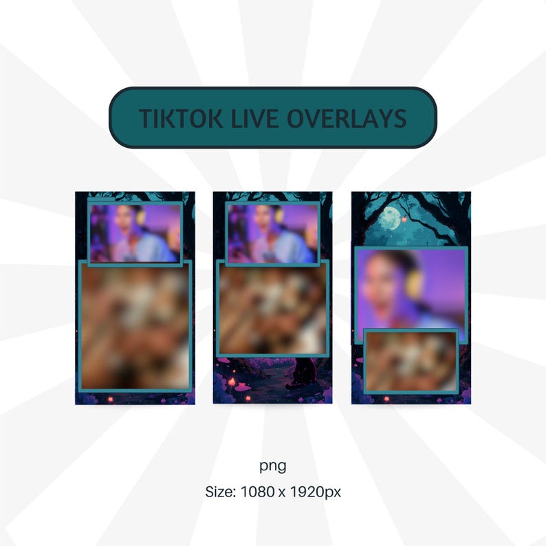 Puede incluir: Dise&ntilde;o gr&aacute;fico con tres superposiciones en vivo de TikTok con un borde turquesa y un fondo borroso. La parte superior del dise&ntilde;o tiene el texto "TIKTOK LIVE OVERLAYS" en blanco. La parte inferior del dise&ntilde;o tiene el texto "png" y "Size: 1080 x 1920px".
