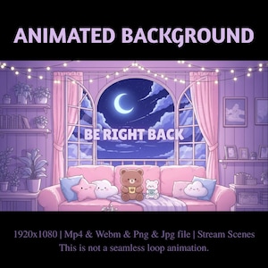 May include: An animated background with a cozy, pastel-colored room scene. The image features a pink sofa with cloud and star pillows, a crescent moon, and the text "BE RIGHT BACK". The background is designed for stream scenes.