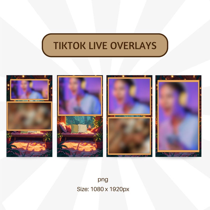 K&ouml;nnte beinhalten: Vier TikTok Live-Stream-Overlays mit einem verschwommenen Bild einer Person in einem Raum mit einem Fenster und Pflanzen. Die Overlays sind f&uuml;r Live-Streams auf TikTok konzipiert.