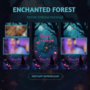Puede incluir: Paquete de transmisi&oacute;n de TikTok "Bosque Encantado" con fondo verde oscuro. La imagen presenta una escena de bosque caprichosa con un gato negro, hongos brillantes y el texto "Stream Loading". Incluye el texto "Instant Download".