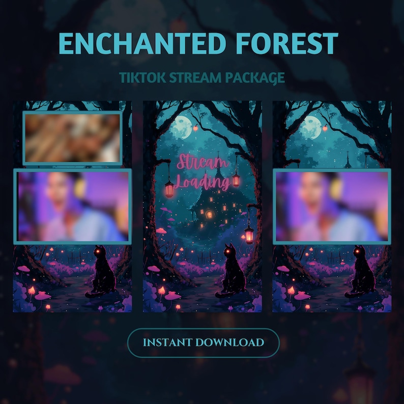 Puede incluir: Paquete de transmisi&oacute;n de TikTok "Bosque Encantado" con fondo verde oscuro. La imagen presenta una escena de bosque caprichosa con un gato negro, hongos brillantes y el texto "Stream Loading". Incluye el texto "Instant Download".