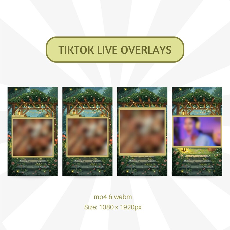 Puede incluir: Cuatro dise&ntilde;os de superposici&oacute;n en vivo de TikTok con tema de jard&iacute;n. Cada dise&ntilde;o presenta un marco dorado, un camino de piedra y una p&eacute;rgola de madera con luces de cadena. El texto "TIKTOK LIVE OVERLAYS" est&aacute; en la parte superior. El tama&ntilde;o de la imagen es de 1080 x 1920 px.