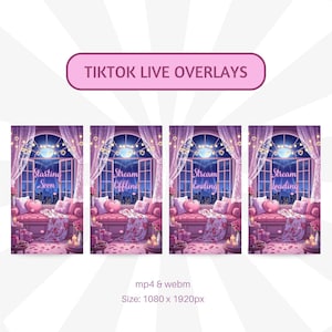 K&ouml;nnte beinhalten: Rosa TikTok Live-Stream-Overlays mit romantischem Thema. Jedes Overlay zeigt eine gem&uuml;tliche Raumszene mit Fenster, herzf&ouml;rmigen Kissen und Text wie "Starting Soon" und "Stream Offline". Die Bildgr&ouml;&szlig;e betr&auml;gt 1080 x 1920 Pixel.
