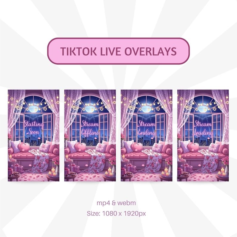 K&ouml;nnte beinhalten: Rosa TikTok Live-Stream-Overlays mit romantischem Thema. Jedes Overlay zeigt eine gem&uuml;tliche Raumszene mit Fenster, herzf&ouml;rmigen Kissen und Text wie "Starting Soon" und "Stream Offline". Die Bildgr&ouml;&szlig;e betr&auml;gt 1080 x 1920 Pixel.