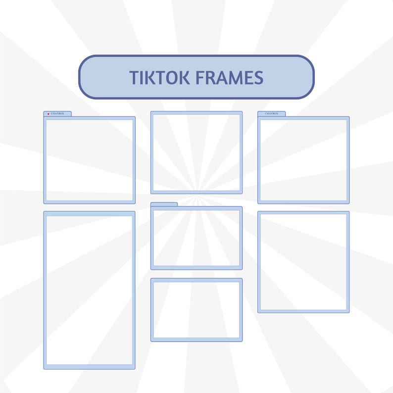 Może przedstawiać: Grafika z tekstem "TIKTOK FRAMES" nad kilkoma pustymi ramkami z jasnoniebieskimi obramowaniami. Ramki są ułożone w siatkę na białym tle z promieniowym wzorem.